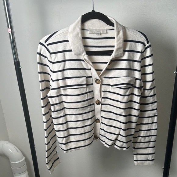 Loft Navy and White Collared Button Down Preppy Sweater Jacket Size Small - Picture 2 of 7